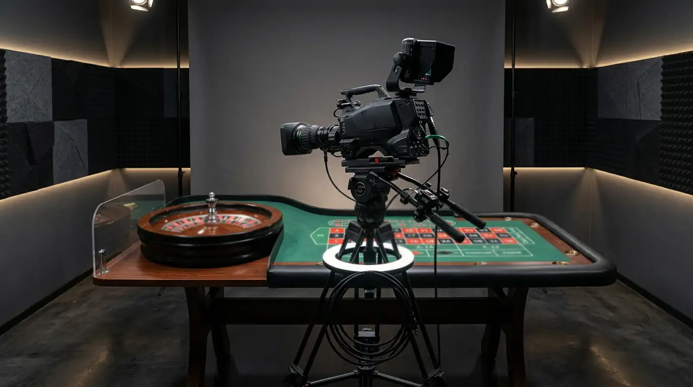 Moderne Studiokabine mit Kamera, Ringlicht und Roulette-Setzfeld ohne Markenlogos