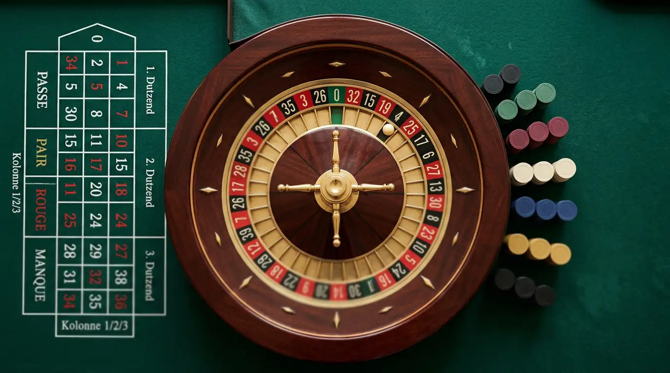 Europäischer Roulette-Kessel mit Setzfeld und Jetons auf grünem Filztisch ohne Marken