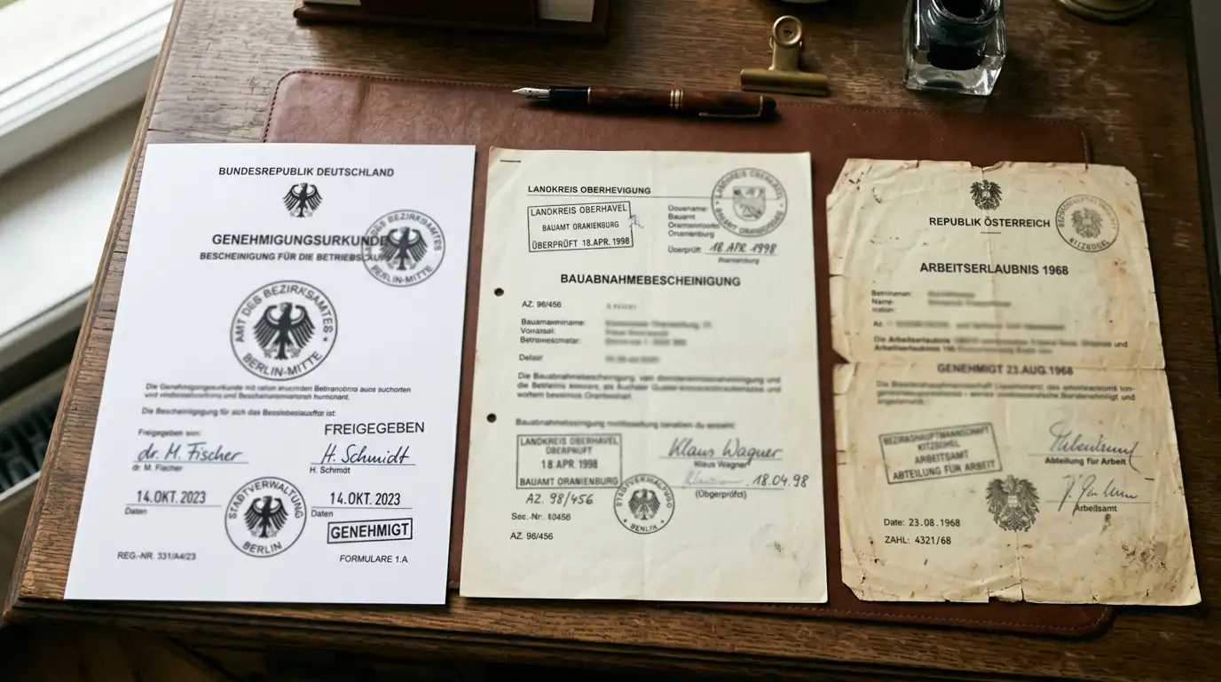 Drei gestempelte Lizenz-Dokumente in absteigender Qualität angeordnet