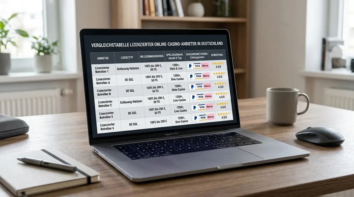 Vergleichstabelle lizenzierter Online-Casino-Anbieter auf Laptop-Bildschirm