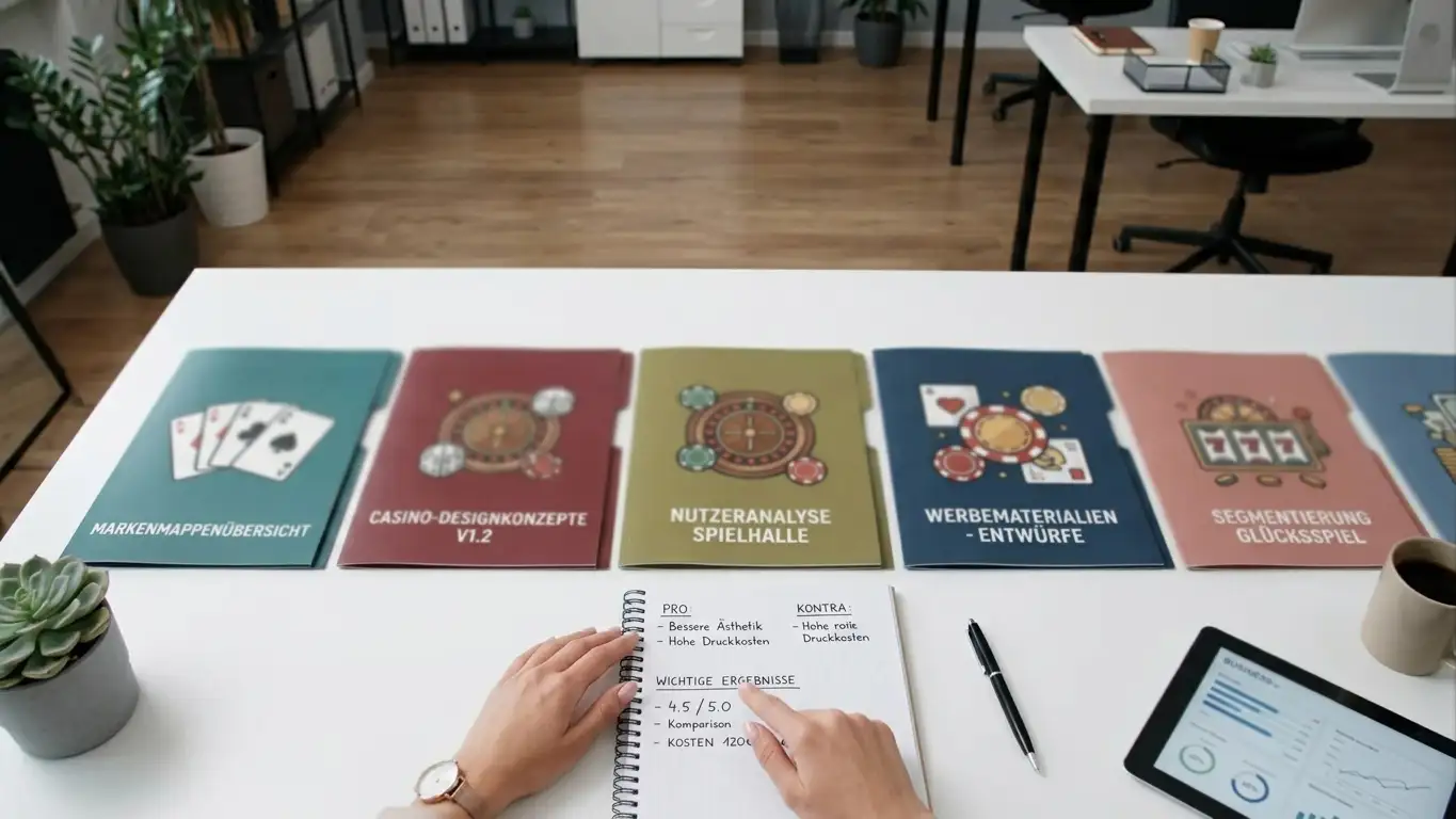Arbeitsplatz mit Vergleichsordnern verschiedener Casino-Marken ohne erkennbare Logos
