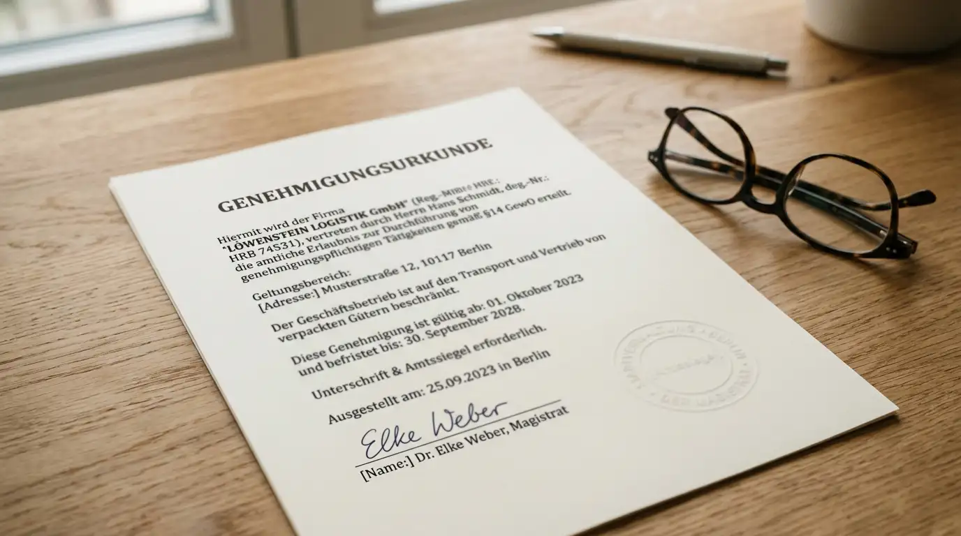 Neutrales Erlaubnisdokument einer Glücksspielbehörde auf einem aufgeräumten Tisch