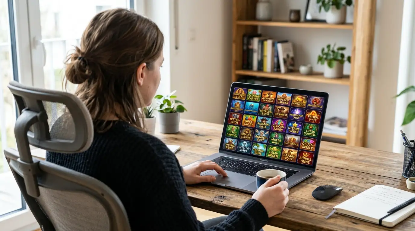 Spieler prüft Online Casino Portfolio auf Laptop