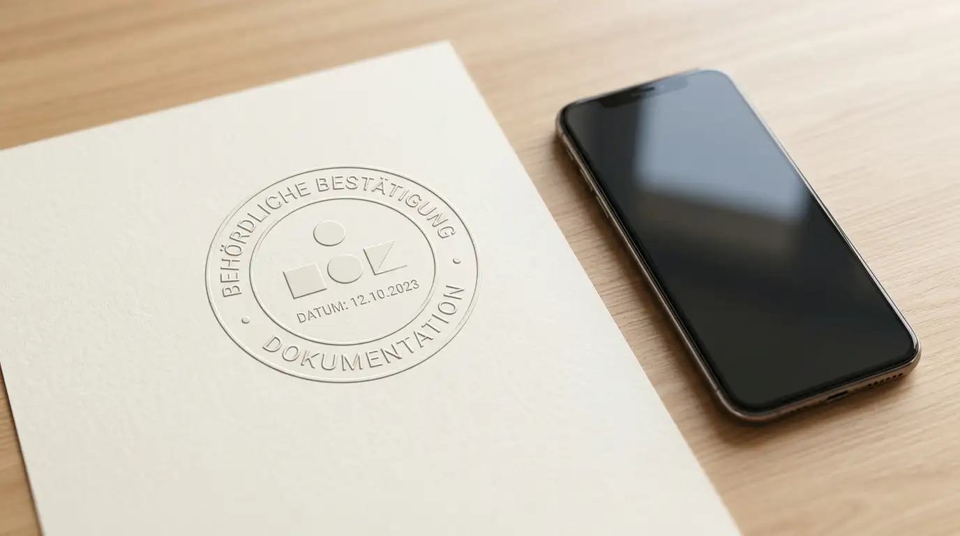 Offizielles Dokument mit neutralem Stempel neben einem Smartphone auf einer hellen Oberfläche