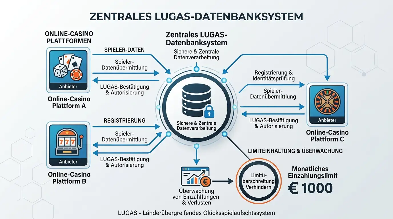 Diagramm zeigt LUGAS-System mit vernetzten Casino-Plattformen und zentralem Einzahlungslimit