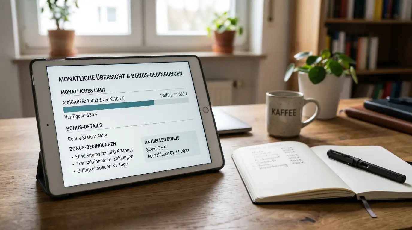Übersicht des monatlichen LUGAS-Limits und Bonusbedingungen auf einem Tablet
