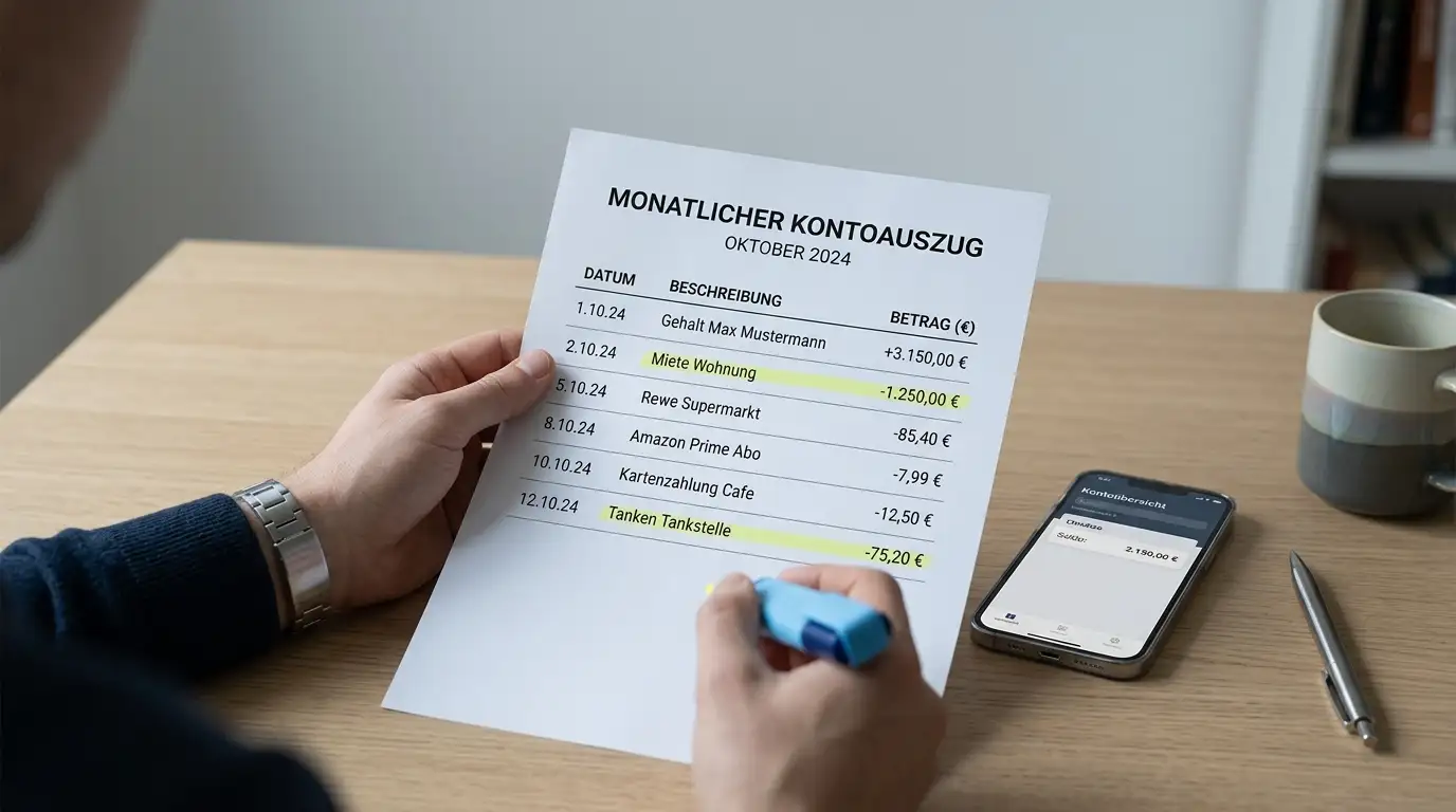 Person prüft monatliche Transaktionen auf einem Kontoauszug mit Smartphone