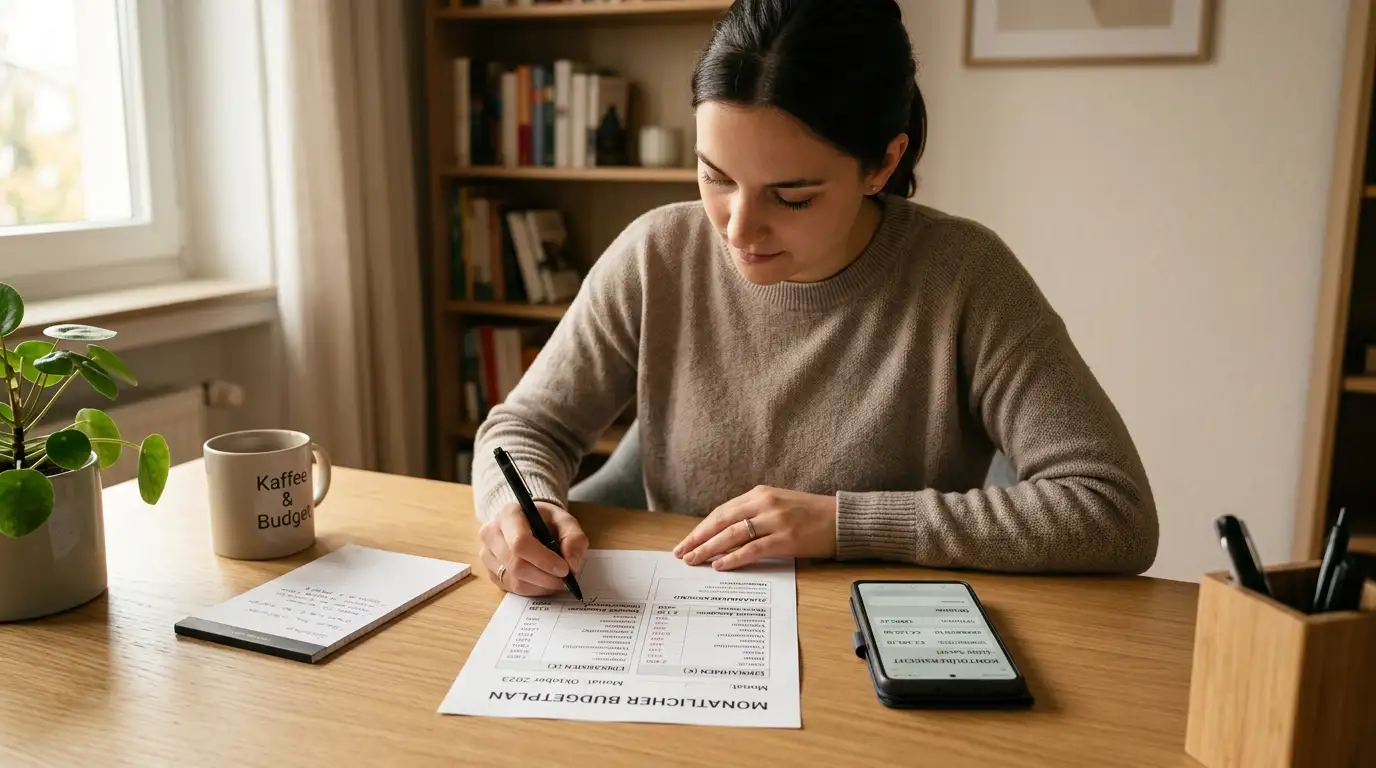 Person an Schreibtisch mit monatlichem Finanzplan und Smartphone