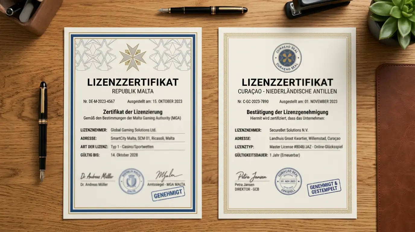 Malta- und Curaçao-Lizenzdokumente nebeneinander auf Schreibtisch