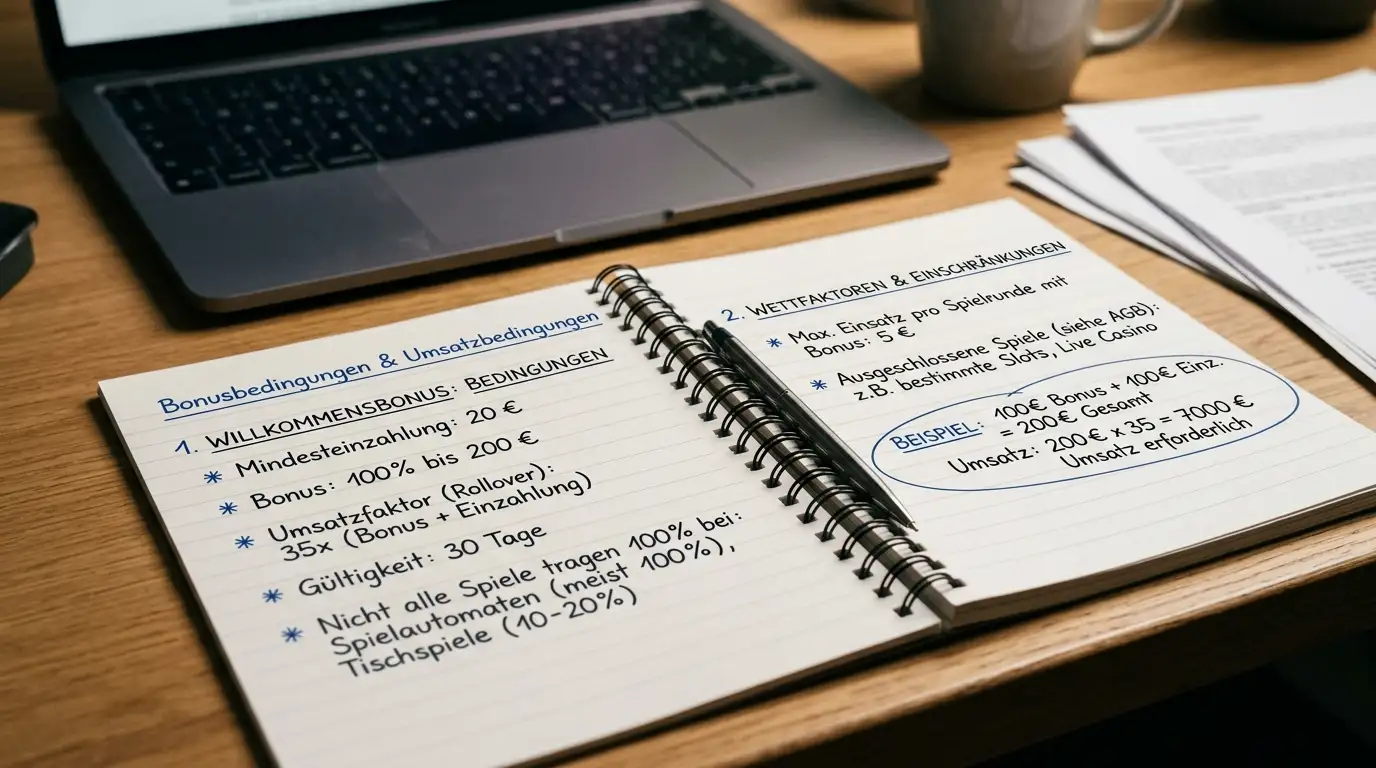 Schreibtisch mit geöffnetem Notebook und handschriftlichen Notizen zu Bonusbedingungen und Umsatzfaktoren, dezente Bürobeleuchtung