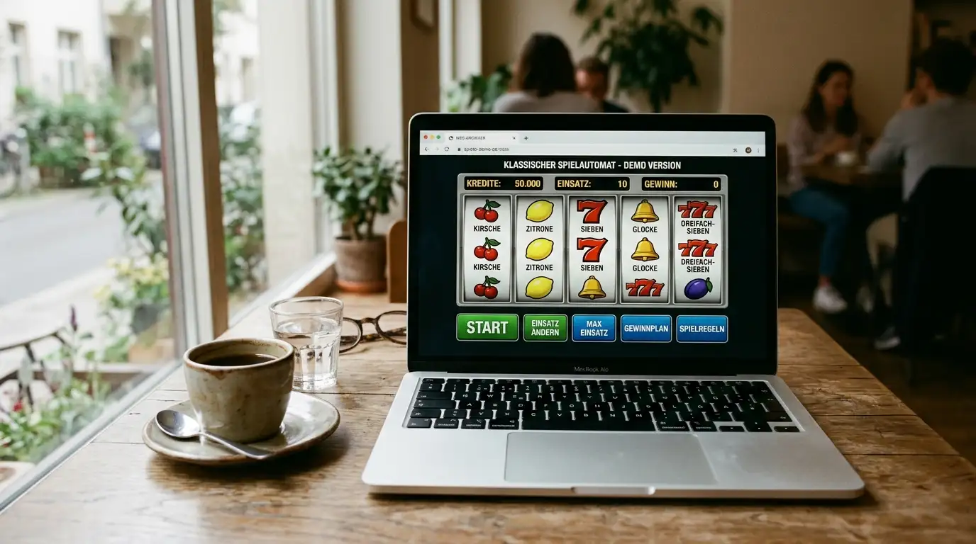 Laptop auf einem Cafétisch mit sichtbarem Demo-Modus eines neutralen Spielautomaten im Browser