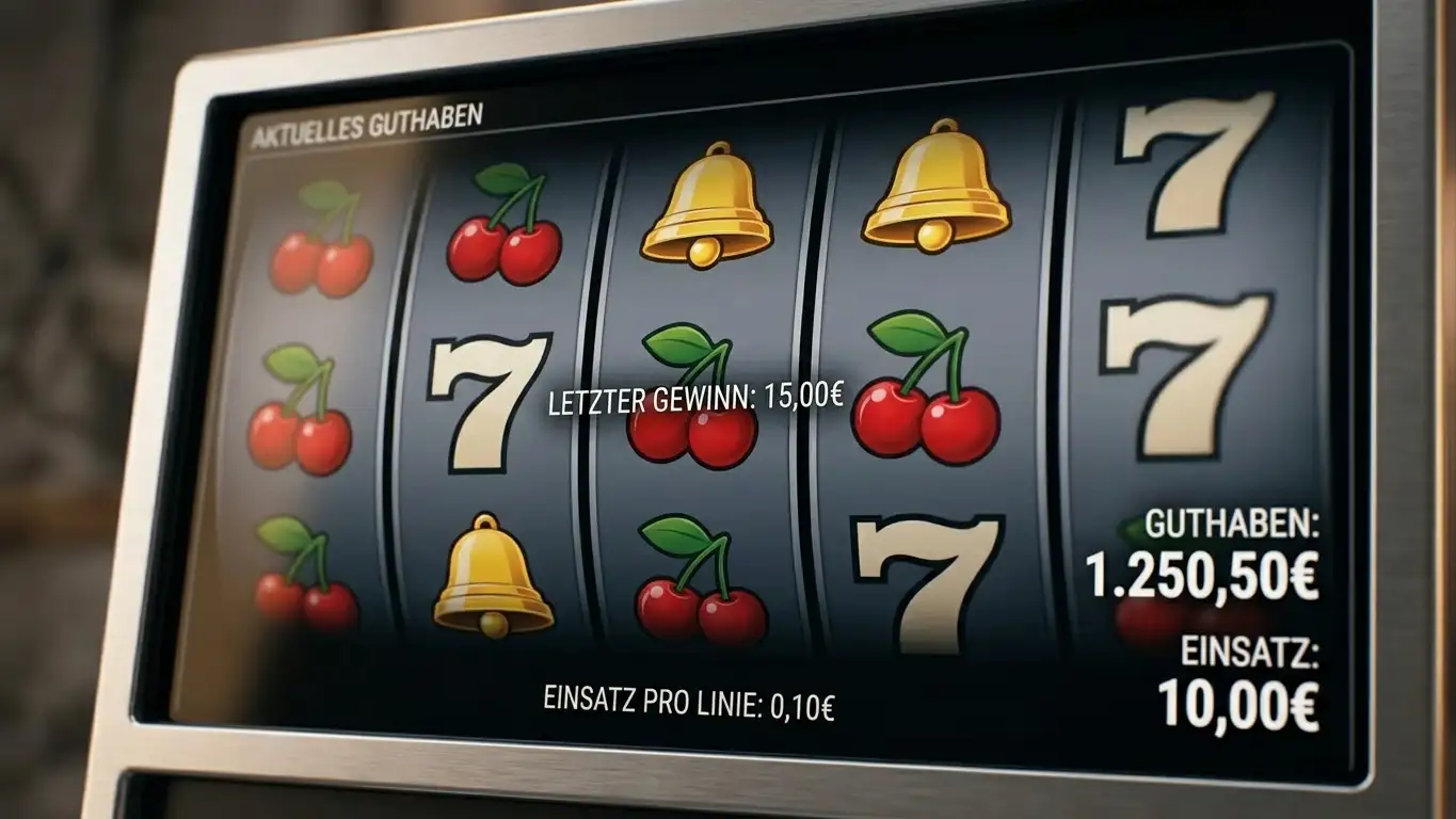 Neutrale Walzen mit klassischen Fruchtsymbolen auf einem hellen Bildschirm ohne Markenbezug