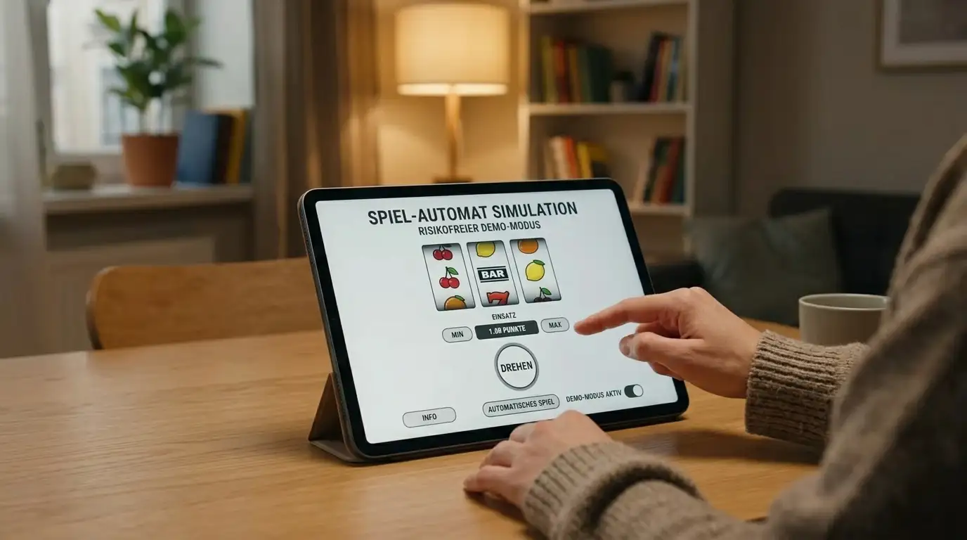 Person am Tablet mit sichtbarer Demo-Oberfläche eines neutralen Spielautomaten, entspannte häusliche Atmosphäre, warmes Licht