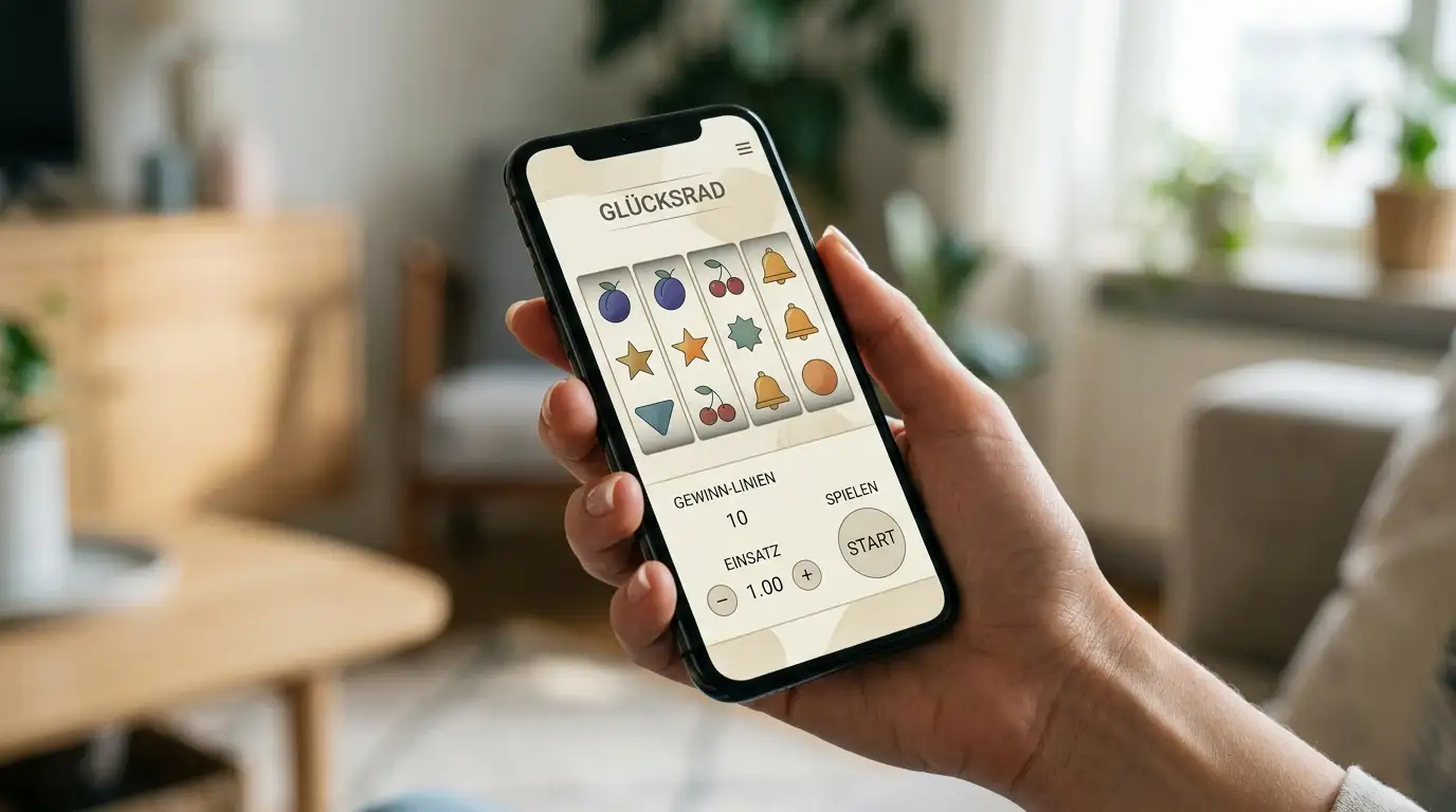 Smartphone in einer Hand mit neutralem Spielautomaten-Interface ohne erkennbare Marken