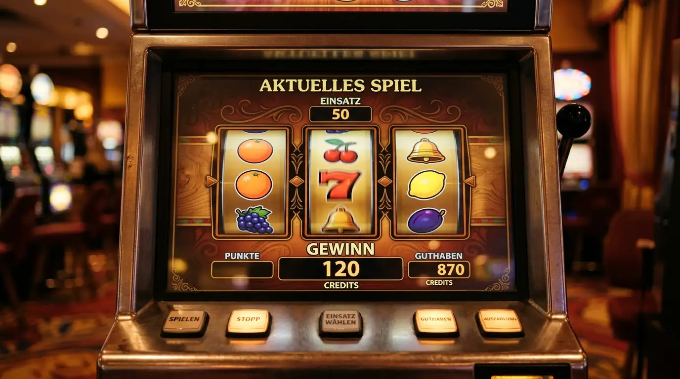 Nahaufnahme eines generischen Spielautomaten-Bildschirms mit Früchte-Symbolen in einer ruhigen Farbpalette