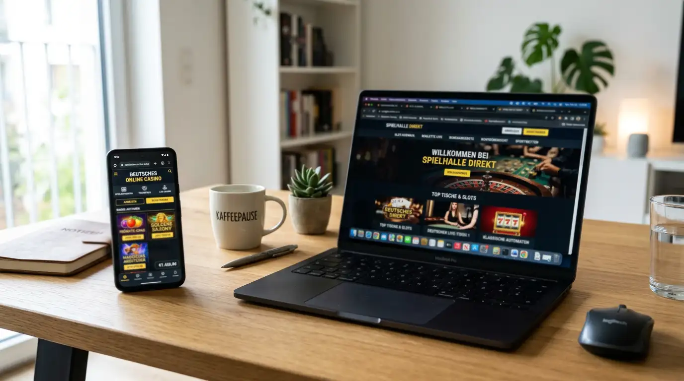 Smartphone mit Casino-App und Laptop mit geöffneten Casino-Seiten