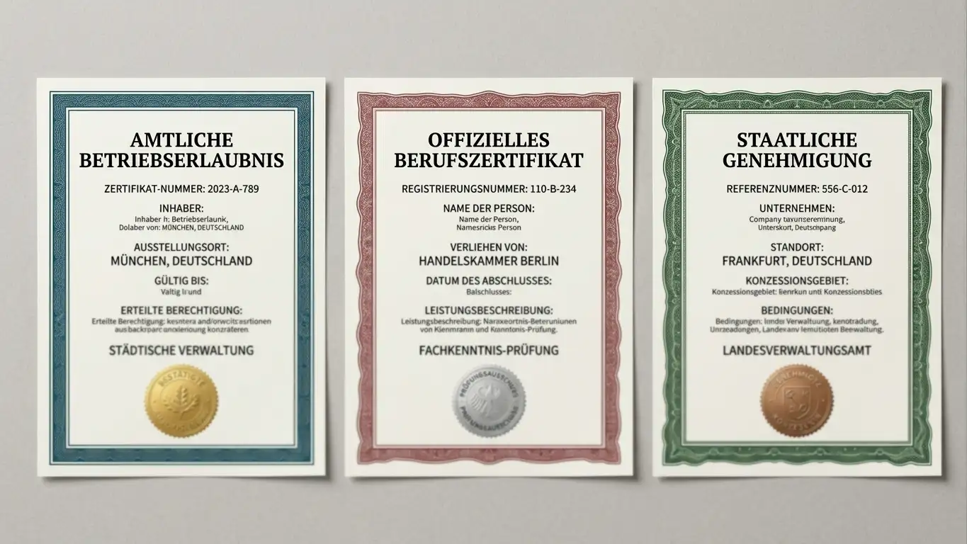 Drei nebeneinander liegende Lizenzurkunden mit neutralen Siegeln und unterschiedlichen Farben
