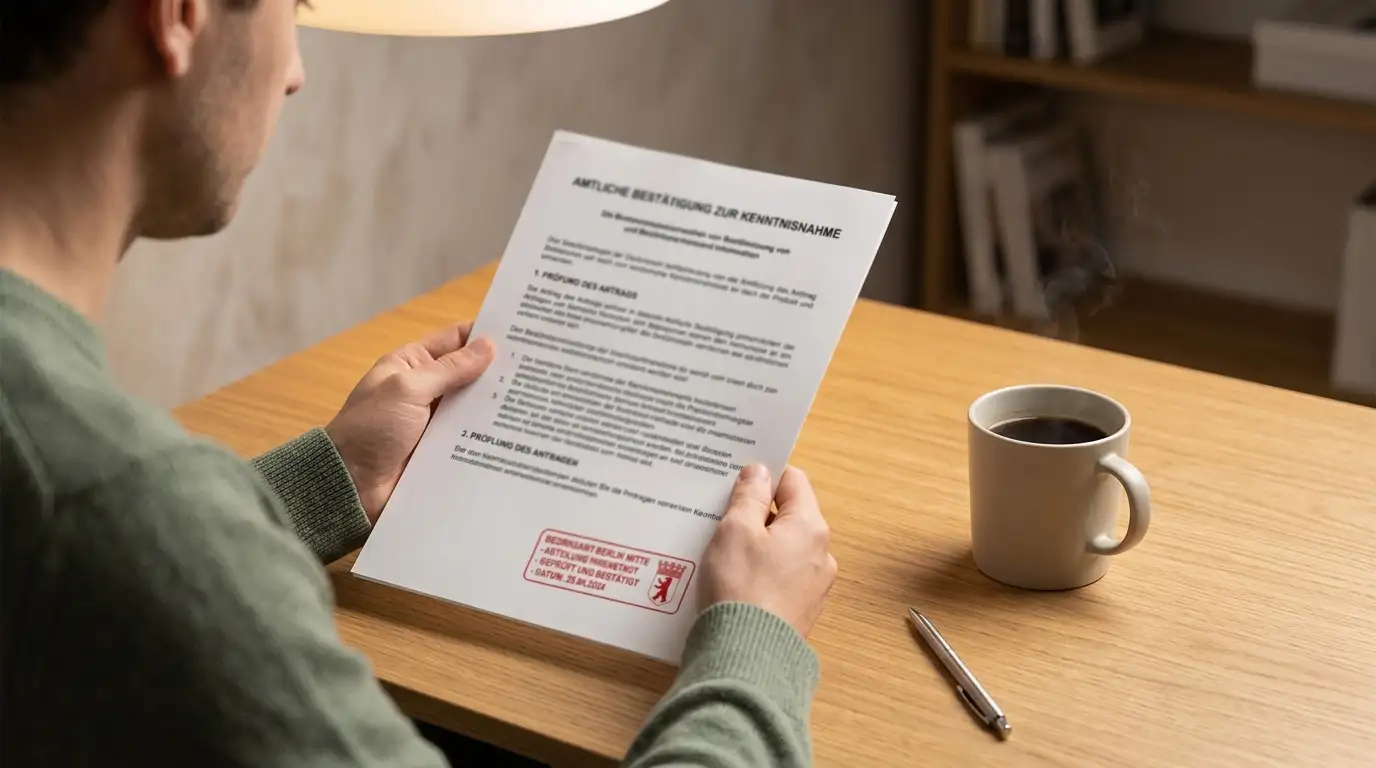 Person liest am Schreibtisch ein offizielles Dokument mit Stempel neben einer Kaffeetasse