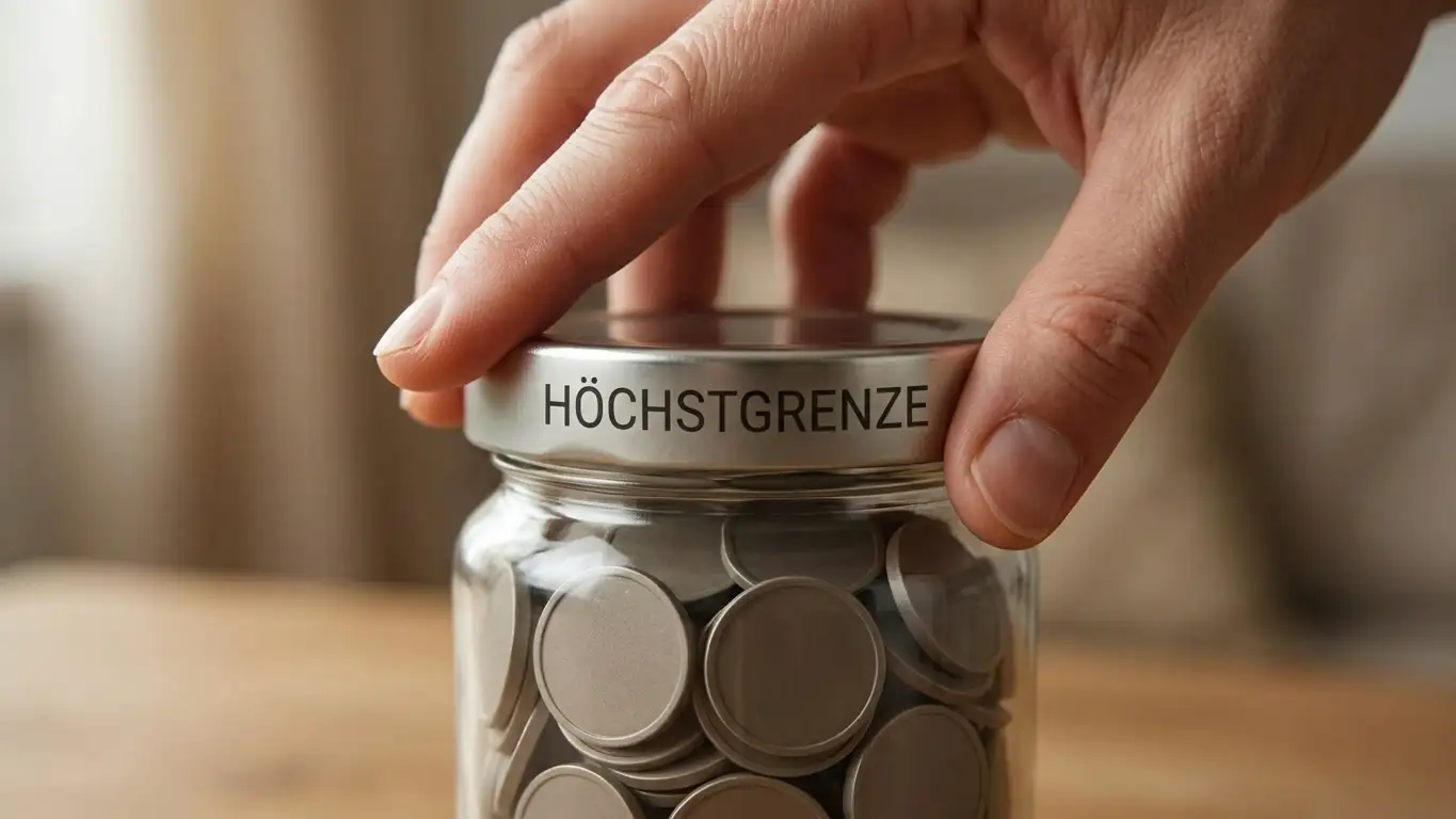 Hand drückt einen Deckel auf ein Glas mit neutralen Spielmarken als Sinnbild für Limits