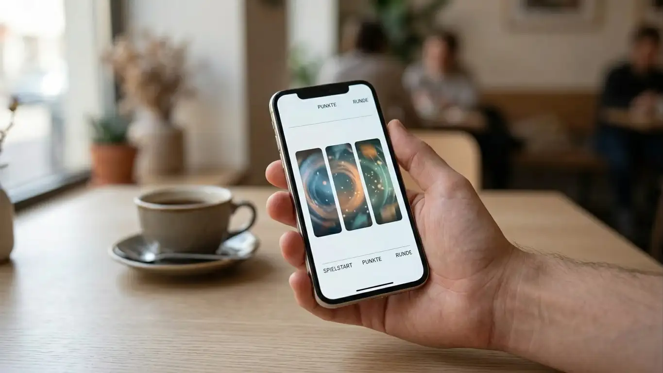 Smartphone mit geöffneter Casino-App auf einem aufgeräumten Tisch