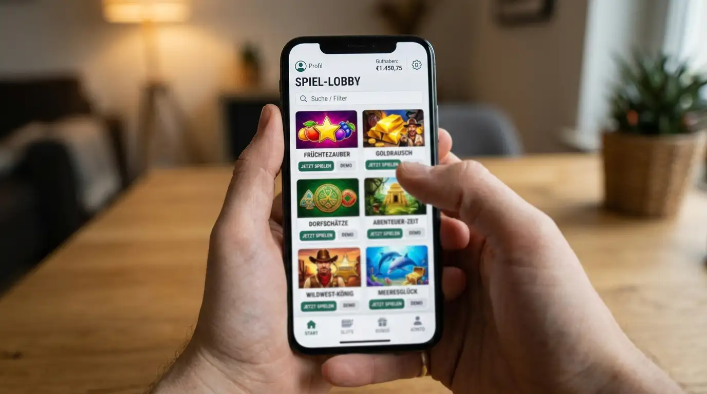 Smartphone zeigt Casino-Lobby mit Slot-Auswahl in modernem mobilen Interface