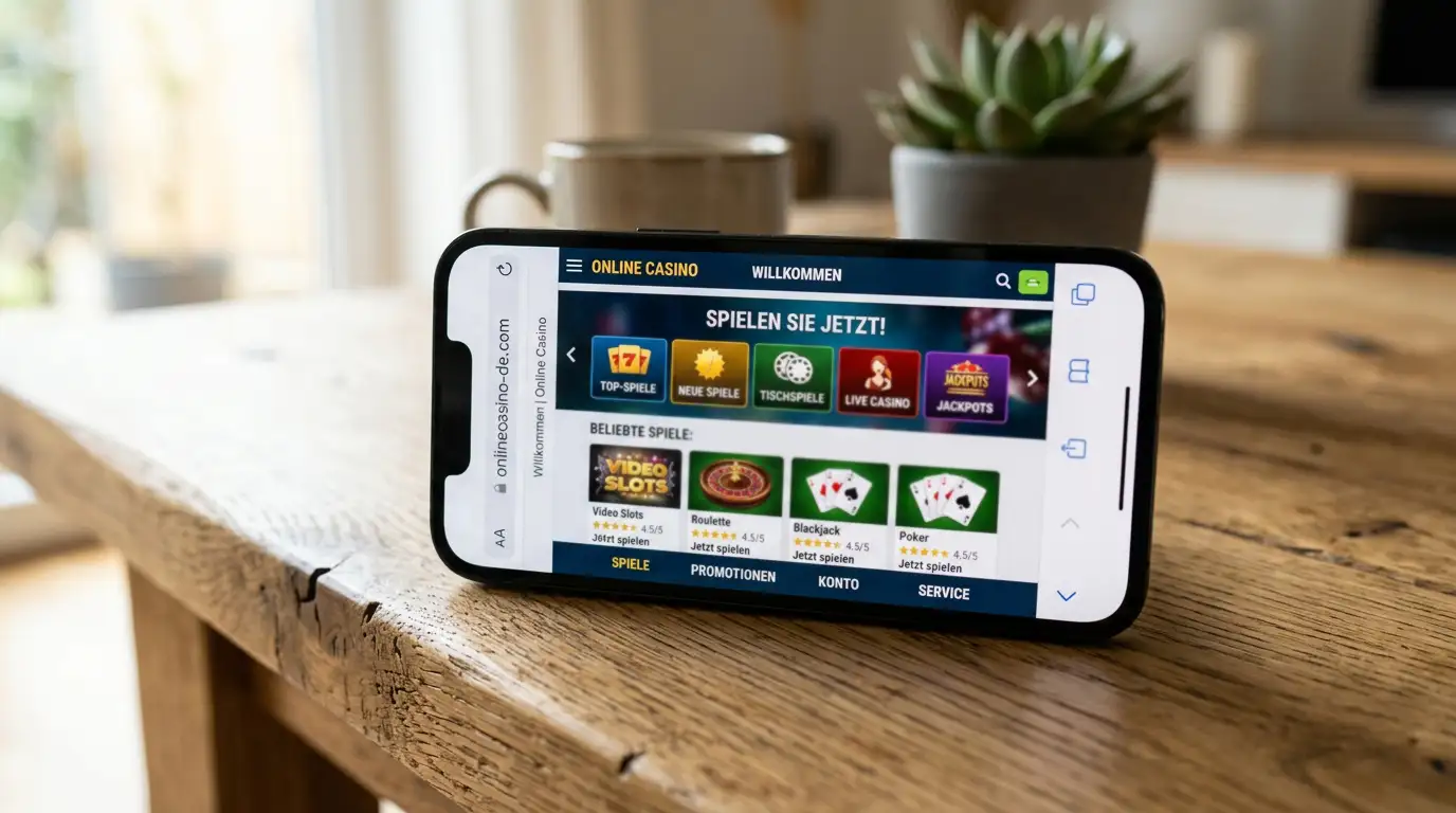 Smartphone mit geöffnetem Casino im mobilen Browser auf einem Tisch