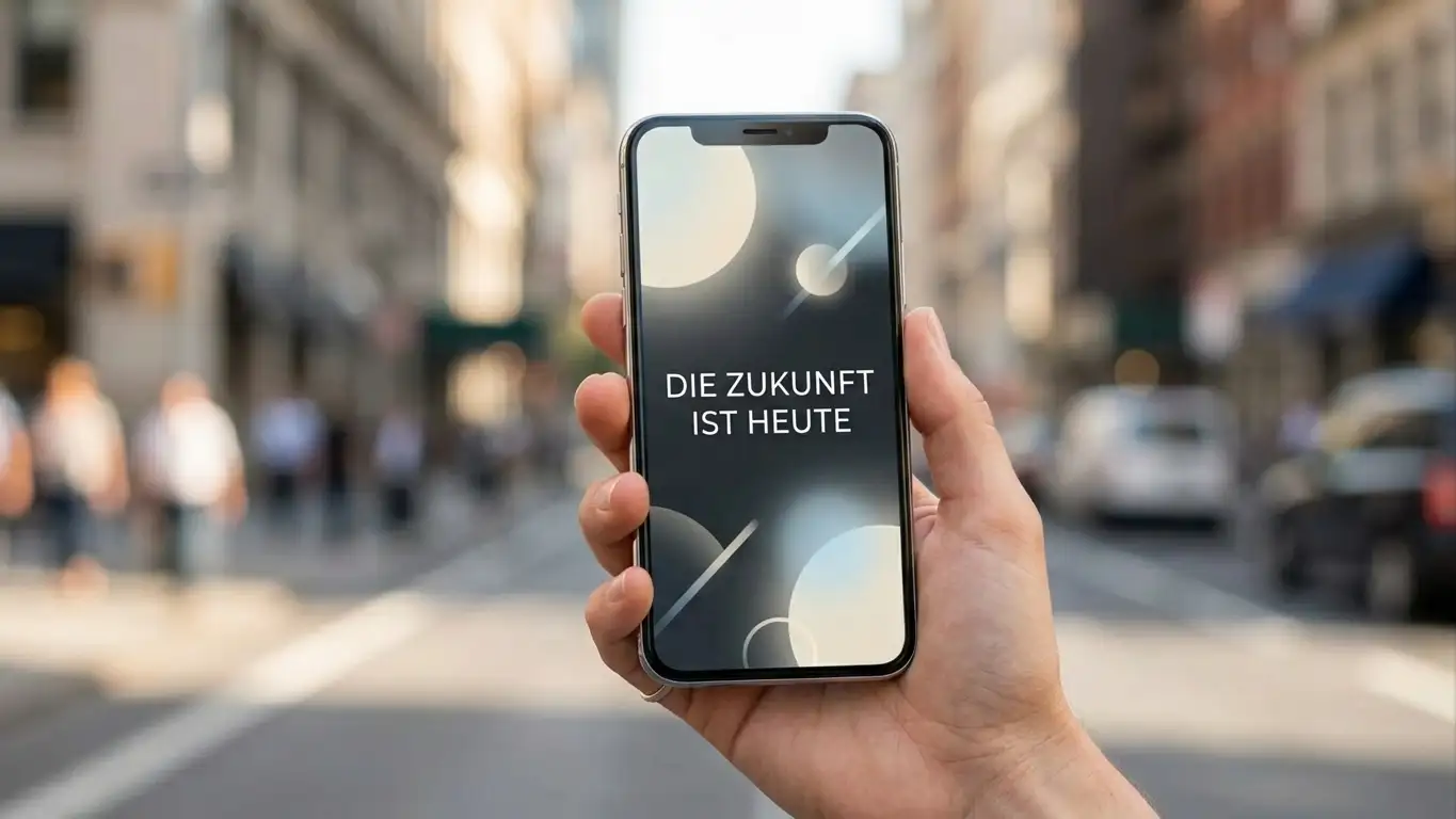 Hand hält Smartphone mit neutraler Oberfläche vor verschwommenem urbanen Hintergrund