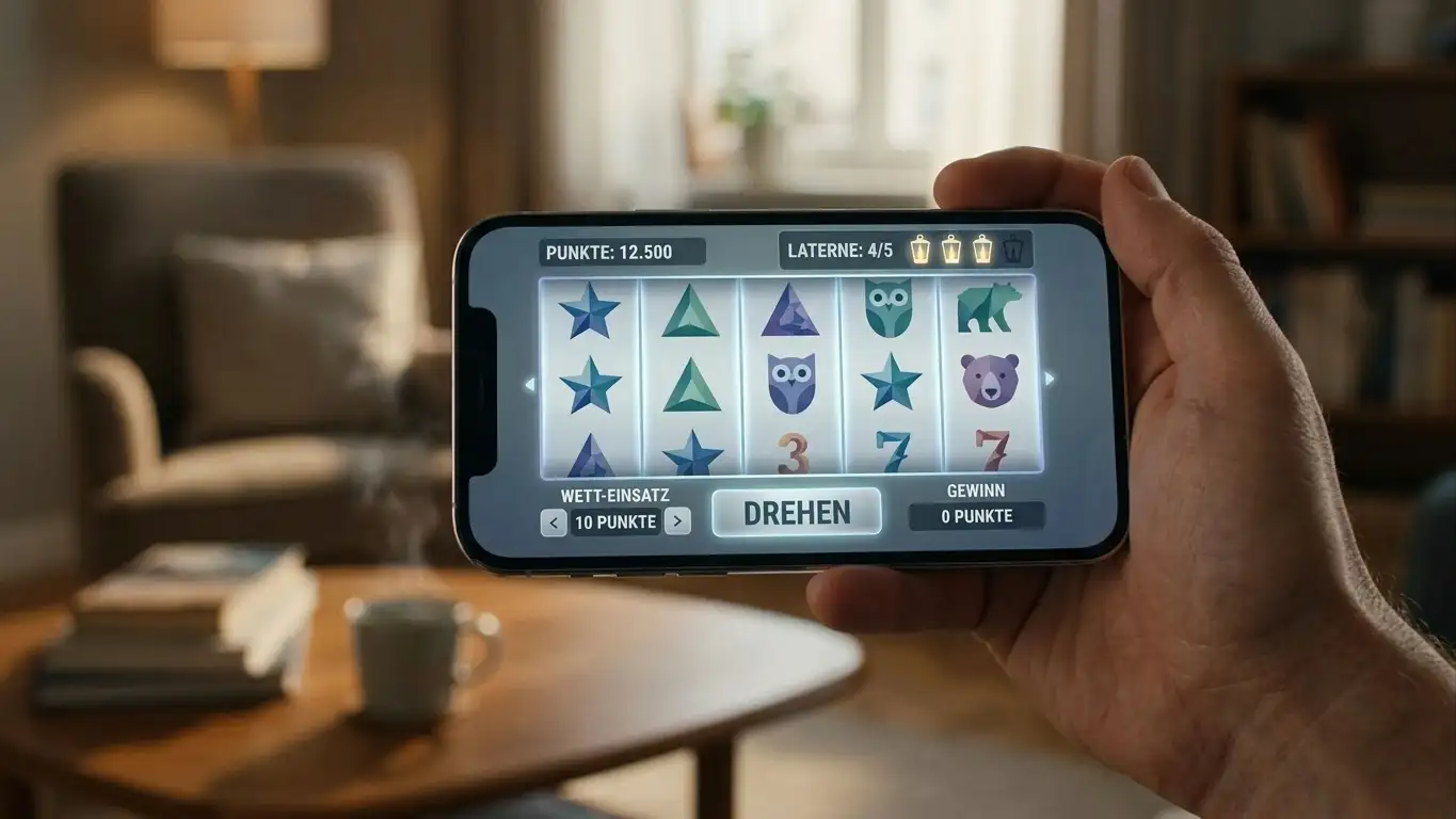 Hand hält ein Smartphone mit einem neutralen Spielautomaten-Interface ohne Marken
