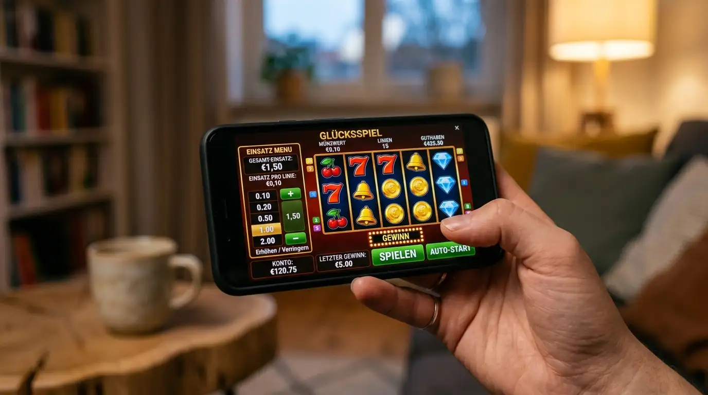 Hand hält ein Smartphone mit geöffnetem Spielautomaten-Menü unterwegs