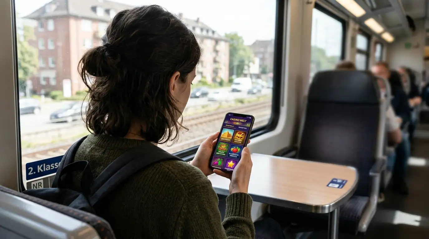 Person nutzt unterwegs ein mobiles Echtgeld-Casino als Web-App auf dem Smartphone