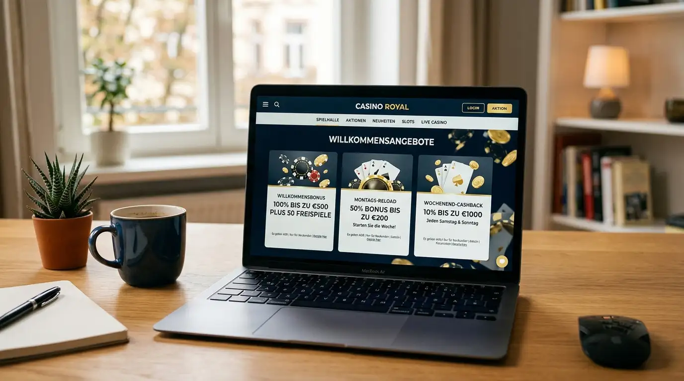 Moderne Casino-Landschaft 2026 mit Smartphone und schwebenden Münzen symbolisiert kostenlose Startguthaben in neuen Online-Casinos
