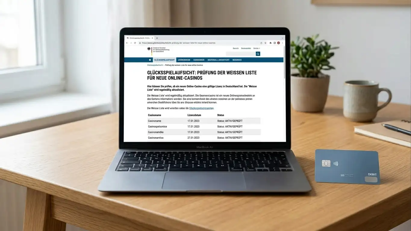 Prüfung der GGL-Whitelist für neue Casinos am Laptop mit Revolut-Karte daneben