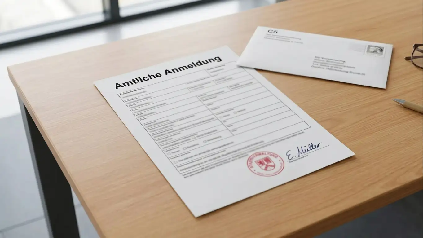 Formular mit Stempel und Unterschrift auf Schreibtisch neben Briefumschlag