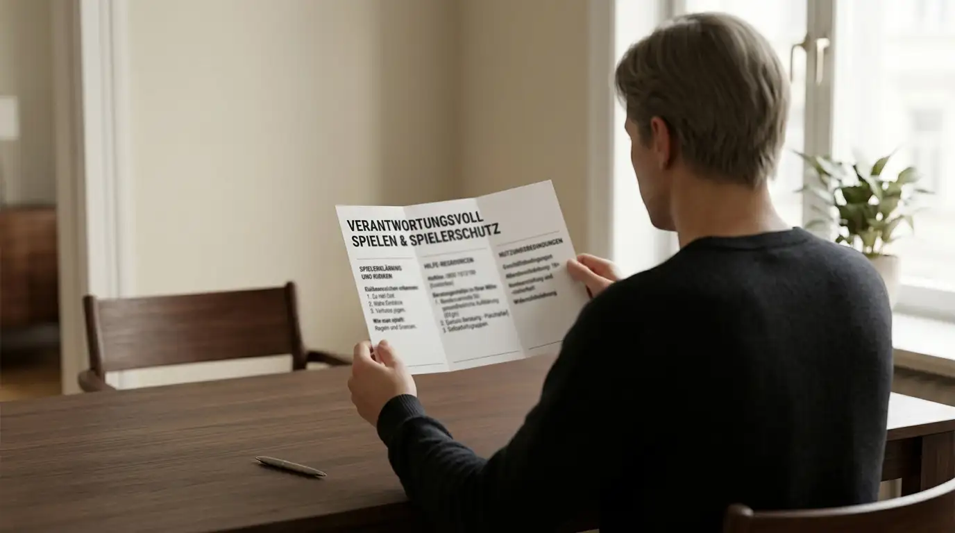Person am Schreibtisch liest ein behördliches Informationsschreiben zum Spielerschutz, ruhige Atmosphäre