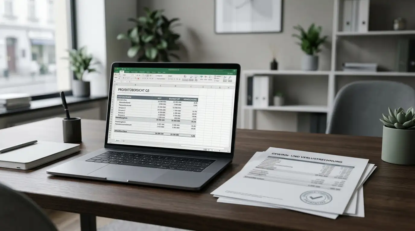 Dokumente mit Stempel und Laptop auf Schreibtisch in neutralem Büro