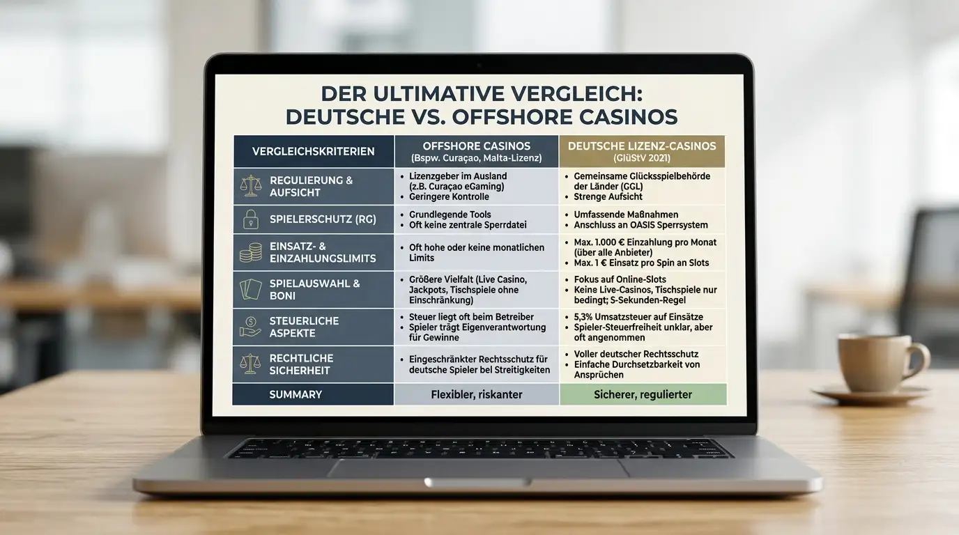Tablet mit Vergleichstabelle zeigt Offshore-Casinos im direkten Vergleich nach Bonushöhe und Bedingungen