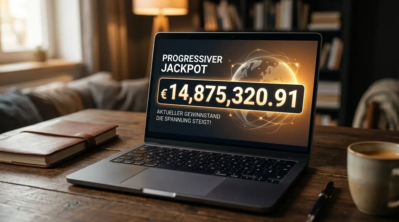 Laptop-Bildschirm mit progressivem Jackpot-Zähler und Euro-Symbol in dunkler, neutraler Umgebung