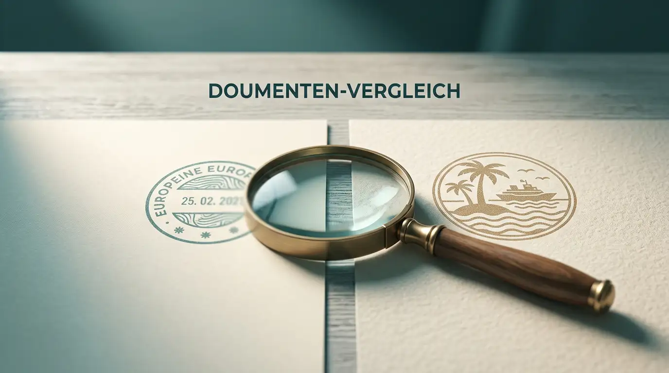 Zwei Dokumente mit neutralen Stempeln nebeneinander unter einer Lupe auf dem Schreibtisch