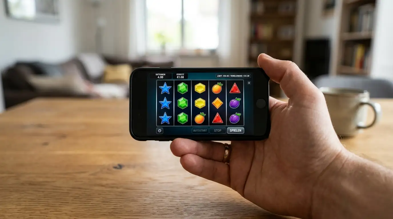Smartphone mit legalem Online-Automatenspiel und sichtbarer Einsatzbegrenzung