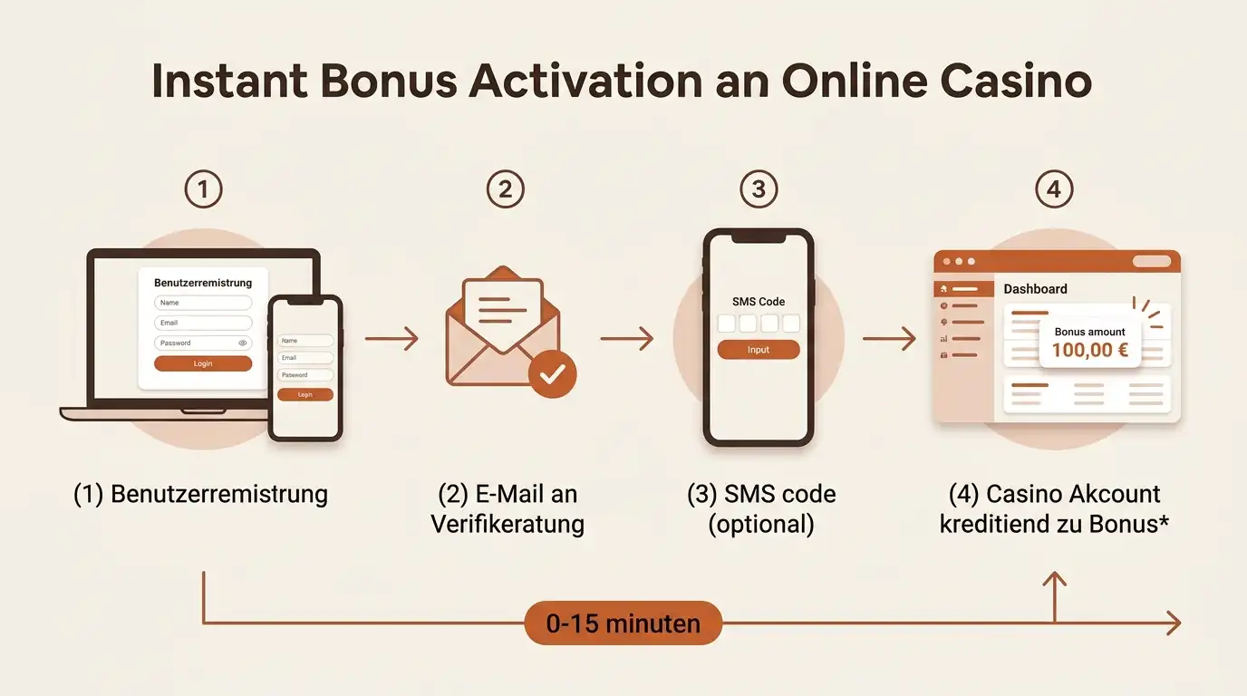 Ablauf der Sofortgutschrift: Registrierung, E-Mail-Bestätigung, optionale Telefonverifizierung, automatische Bonusgutschrift binnen 15 Minuten