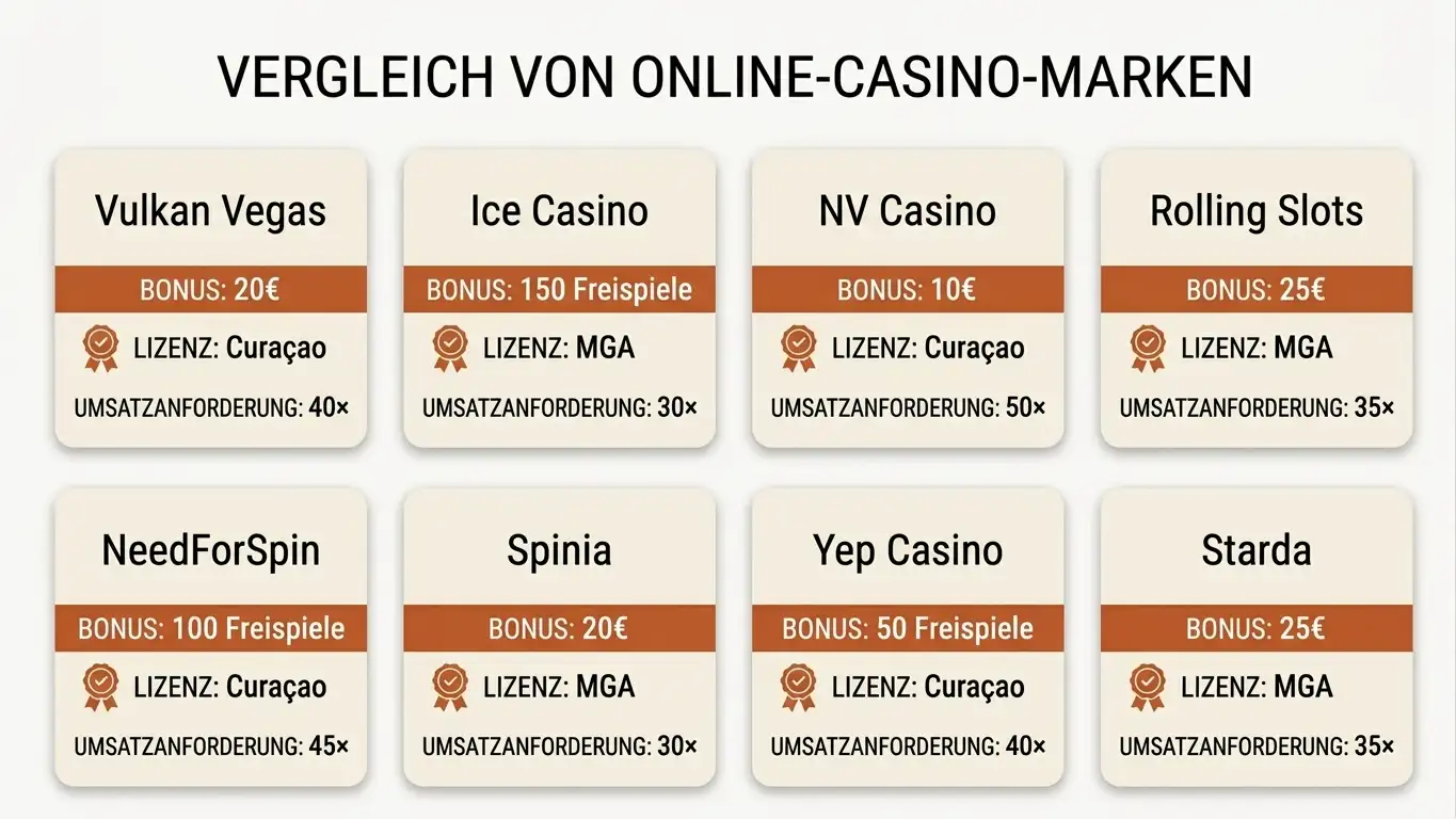 Vergleich von acht Casino-Anbietern mit Sofort-Bonus ohne Einzahlung, unterschiedliche Lizenztypen und Bonusbedingungen auf einen Blick