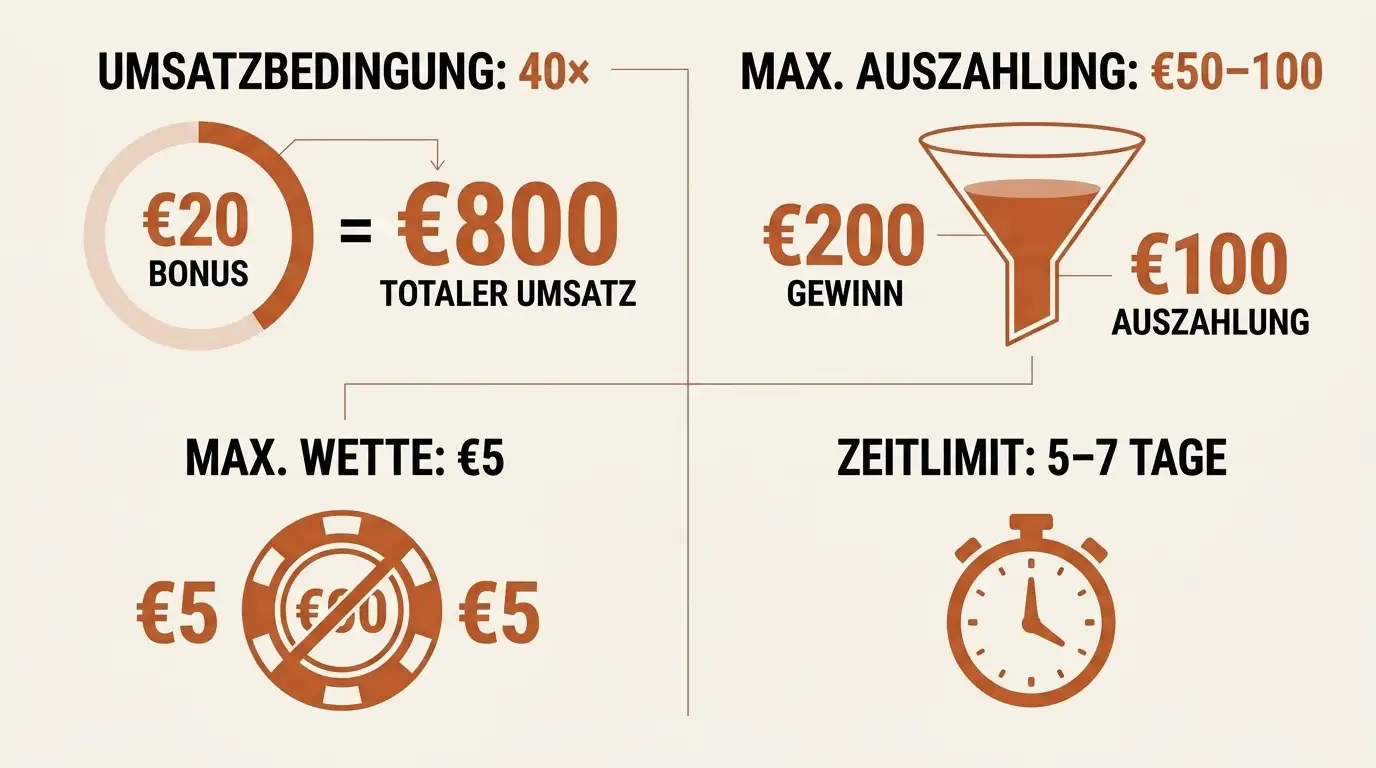 Bonusbedingungen visualisiert: Umsatzfaktor 40×, maximale Auszahlung 50–100 €, Höchsteinsatz 5 €, Zeitfenster 5–7 Tage