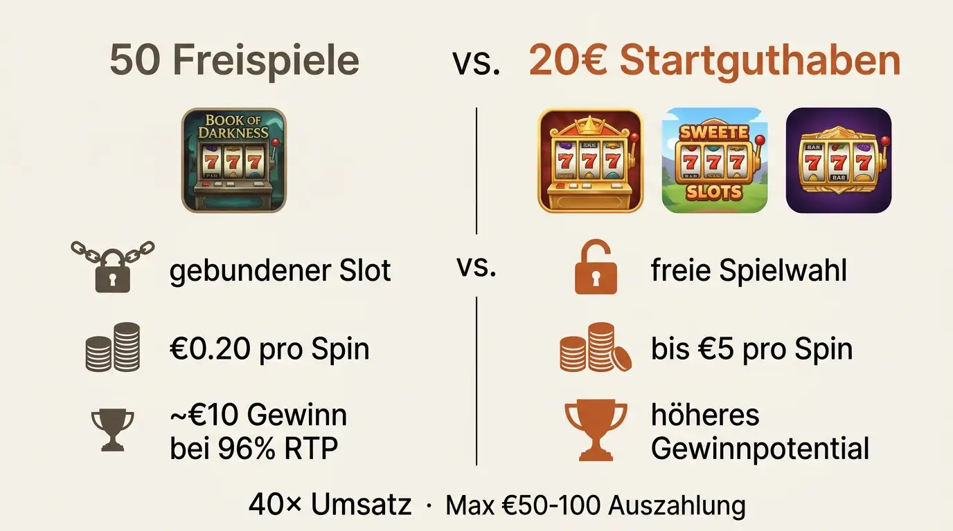Vergleich Freispiele versus Echtgeld-Startguthaben: links gebundener Slot mit festem Einsatz und niedrigem Gewinnpotential, rechts freie Spielwahl mit höherem Einsatz und Flexibilität