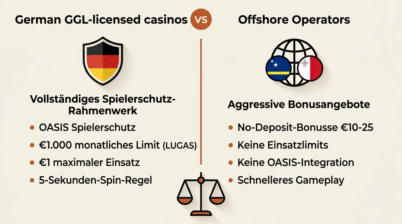 Deutsche GGL-lizenzierte Casinos vs. Offshore-Anbieter: Spielerschutz-Rahmen (OASIS, LUGAS) gegen aggressive No-Deposit-Boni