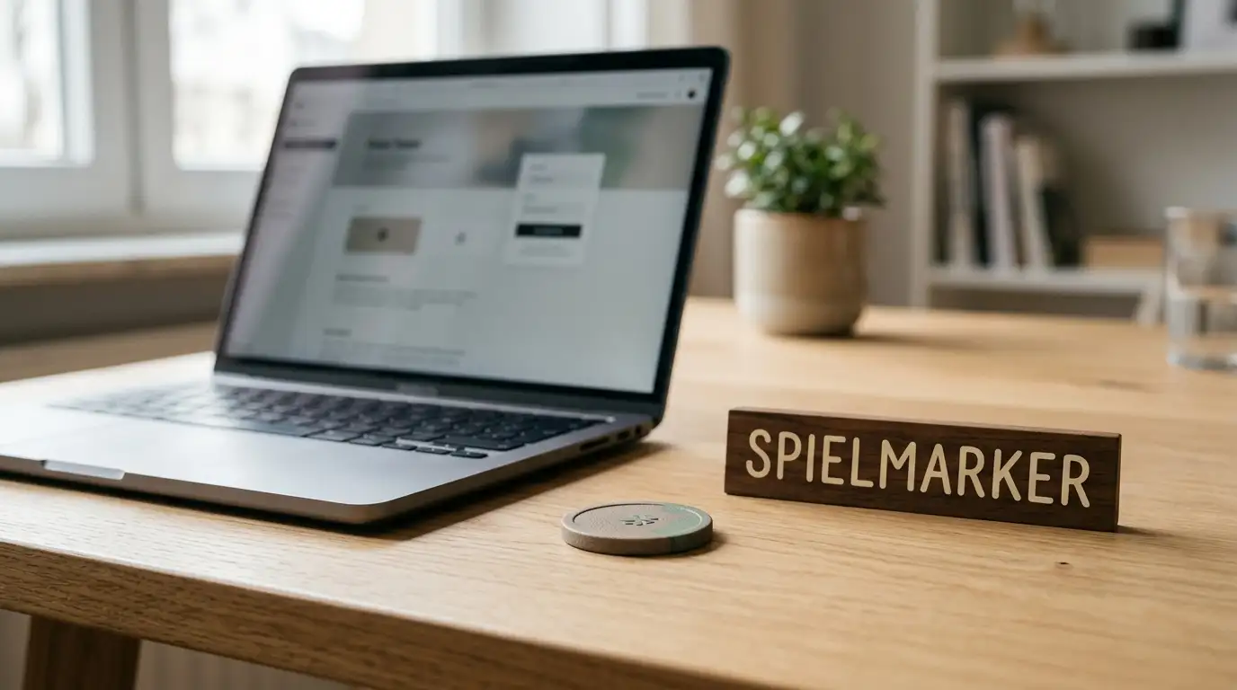 Symbolischer Spielchip für Echtgeld-Startguthaben ohne Einzahlung neben einem Laptop