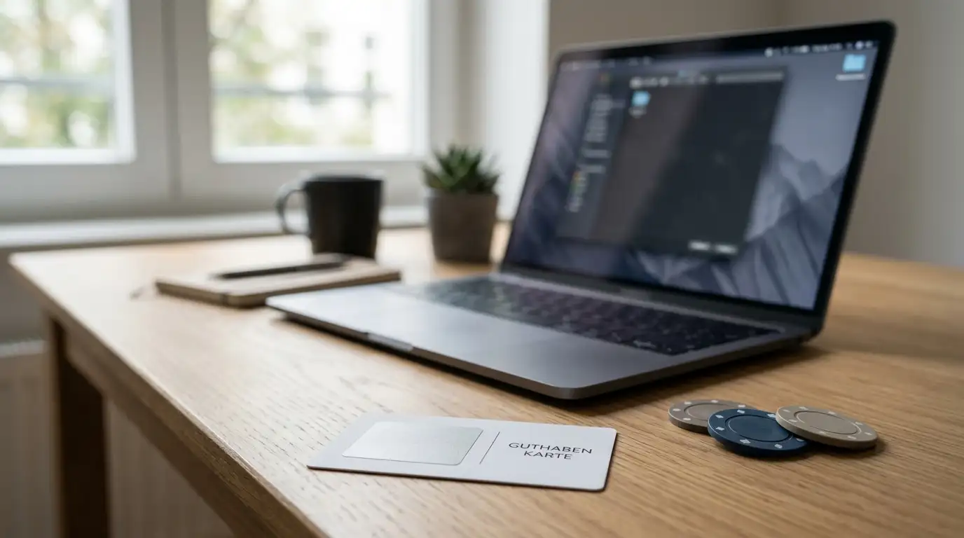 Prepaid-Gutscheinkarte und Spielchips auf einem Schreibtisch neben einem Laptop