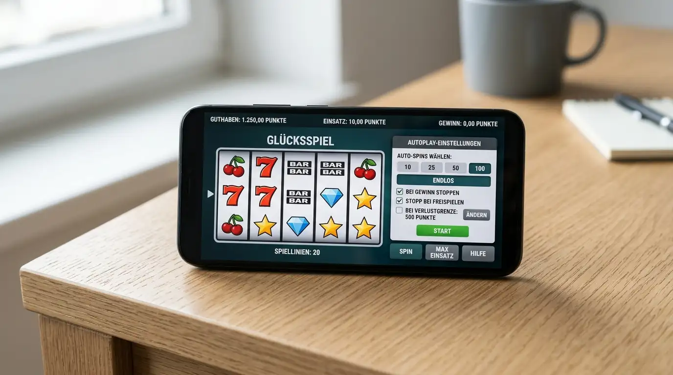 Smartphone mit Autoplay-Einstellungen in einem Online-Slot