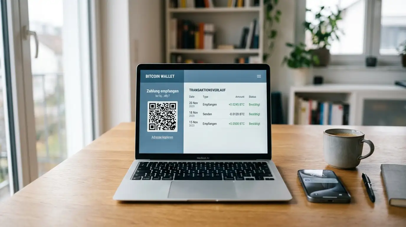 Schreibtisch mit Laptop und Bitcoin-Wallet-Interface für anonyme Casino-Zahlungen