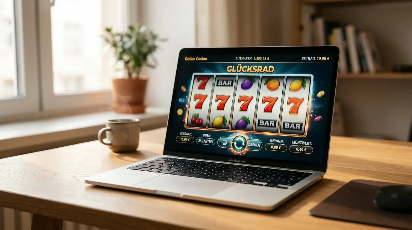 Laptop mit geöffnetem Online-Casino und einer einzelnen Spielautomaten-Drehung auf dem Bildschirm