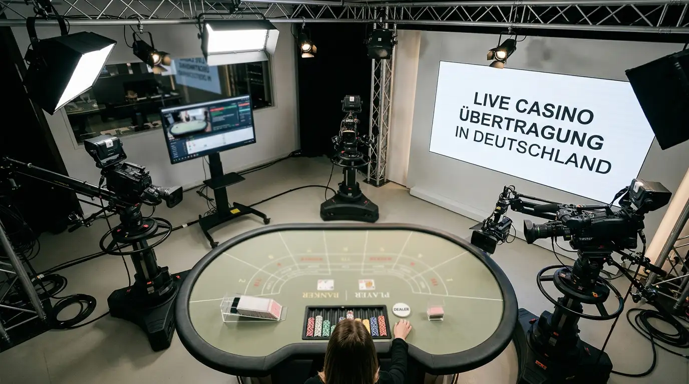 Live-Casino-Studio mit Baccarat-Tisch und professionellem Streaming-Setup
